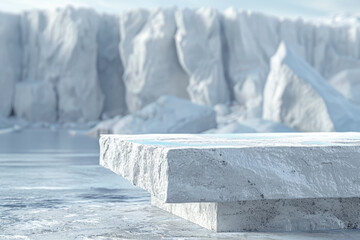 A 3D scene with a platform made of glacial ice set in a glacial environment, focus on the platform, and the glacial landscape softly blurred in the background to create a sense of scale.