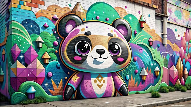 Graffiti-covered wall with cute cartoon animals