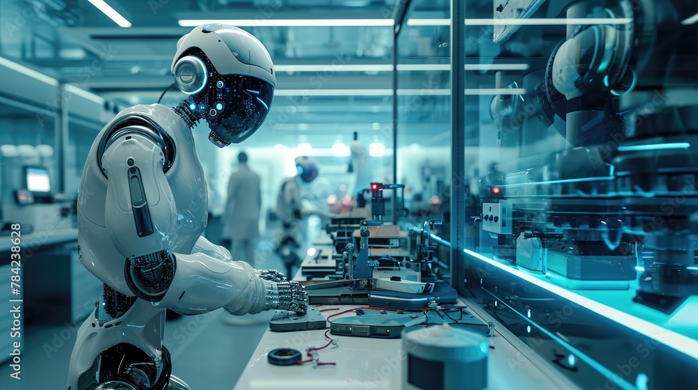 Aufkleber a high-tech robotics lab, engineers working on advanced ai machines, showcasing innovation and futur