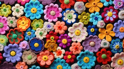 Fototapeta na wymiar A colorful pattern from a collection of handmade crochet flowers in different sizes, shapes and colors.