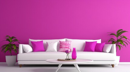 A modern living space with a pristine white sofa set against a vibrant fuchsia 3D wall, offering a bold and trendy atmosphere.