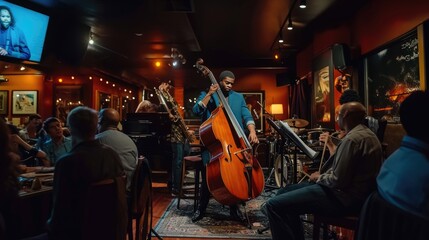 An evening at a jazz club, musicians in mid-performance, intimate lighting, audience engagement, capturing the essence of live music. Resplendent.