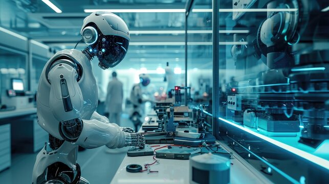 A high-tech robotics lab, engineers working on advanced AI machines, showcasing innovation and futuristic technology. Resplendent.