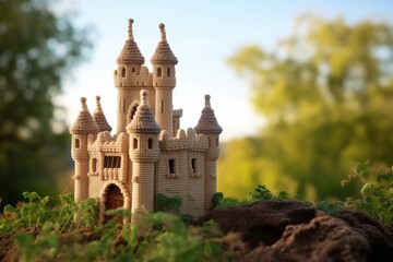 Fototapeta na wymiar A knitted miniature castle from a fairy tale with towers and turrets, detailed texture reminiscent of stonework, located on the edge of the forest