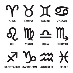 Black and white symbol of zodiac signs isolated at white background; sign of star constellation; 12 zodiacs; horoscope