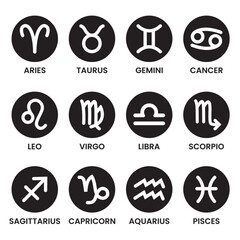 Black and white symbol of zodiac signs isolated circle shape and white background; sign of star constellation; 12 zodiacs; horoscope