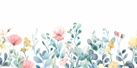 Seamless horizontal frame border banner with multicolored watercolor wildflowers and leaves isolated on white background