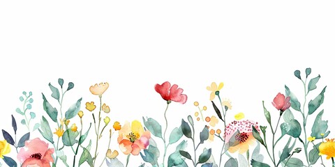 Seamless horizontal frame border banner with multicolored watercolor wildflowers and leaves isolated on white background - obrazy, fototapety, plakaty
