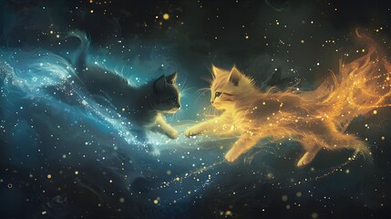 Obraz na płótnie Canvas Whimsical Kittens Leaping Through the Cosmic Wonderland of the Enchanted Night Sky