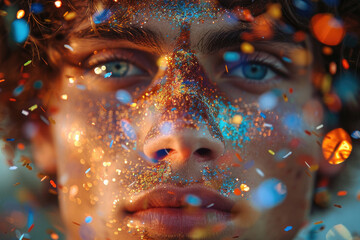 A playful portrait of a person surrounded by a shower of colorful confetti