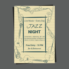 Instruments hand drawn music retro promo page flyer poster for events club pub bar template design.