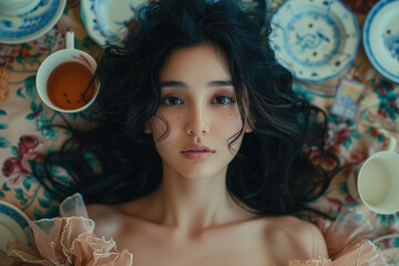 A portrait featuring the subject surrounded by oversized teacups