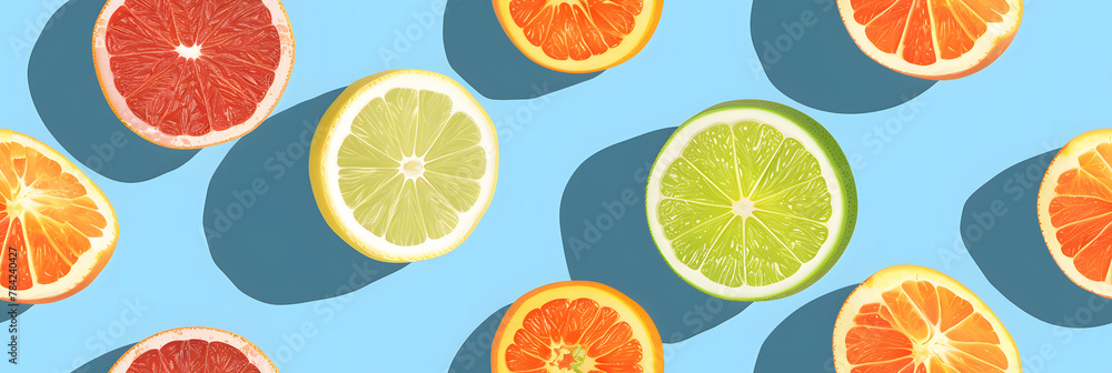 Wall mural flat lay pattern with summer citrus fruit on blue background. minimal concept with sharp shadows. tr