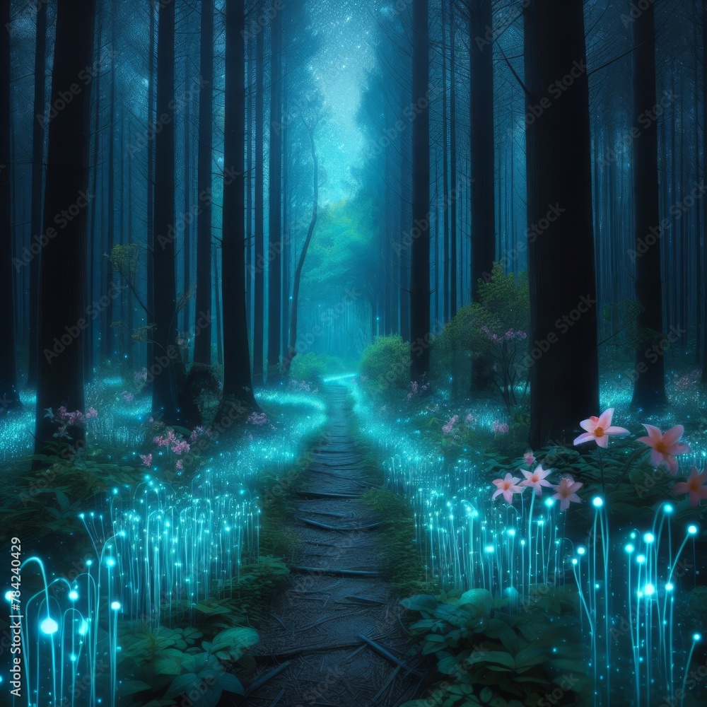 Poster this enchanting scene presents a forest path at night, illuminated by glowing flowers and leading to
