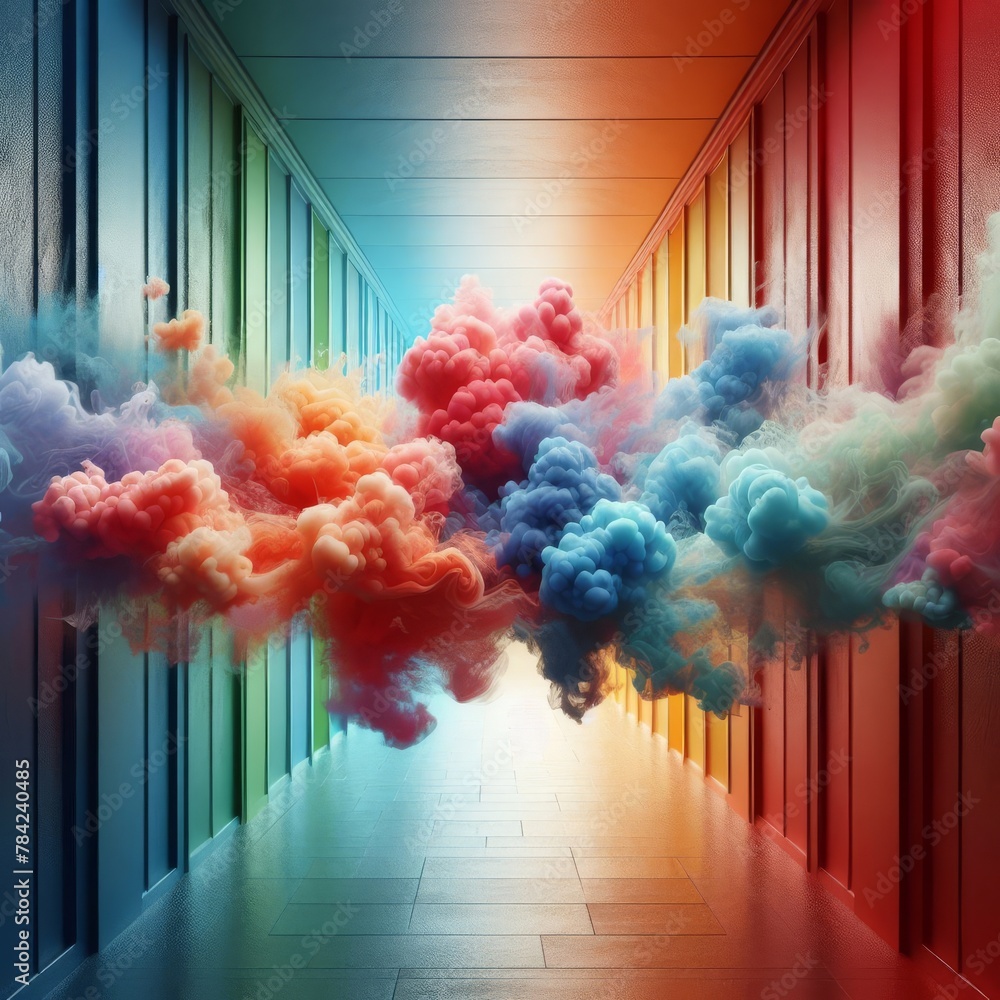 Poster a creative digital image depicting a burst of colorful clouds in the middle of a modern corridor wit