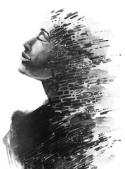 A painted black and white double exposure portrait of a woman's profile - 784240407