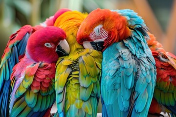 A group of colorful parrots snuggling together