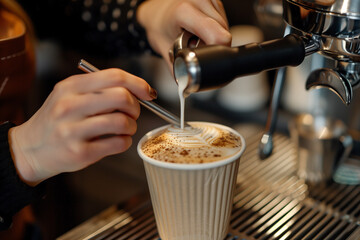 Fototapeta na wymiar Barista swirls latte art in reusable mug with metal straw. Eco-friendly coffee shop offers sustainable choices for customers.