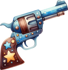 A watercolor illustration of a revolver with stars on the barrel and handle.