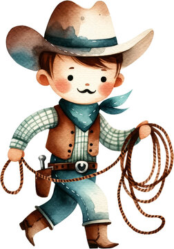 A watercolor illustration of a little cowboy lassoing a rope.