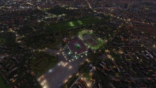 Top night aerial view of San Siro Stadium in the Lombardy region of Milan. Italy