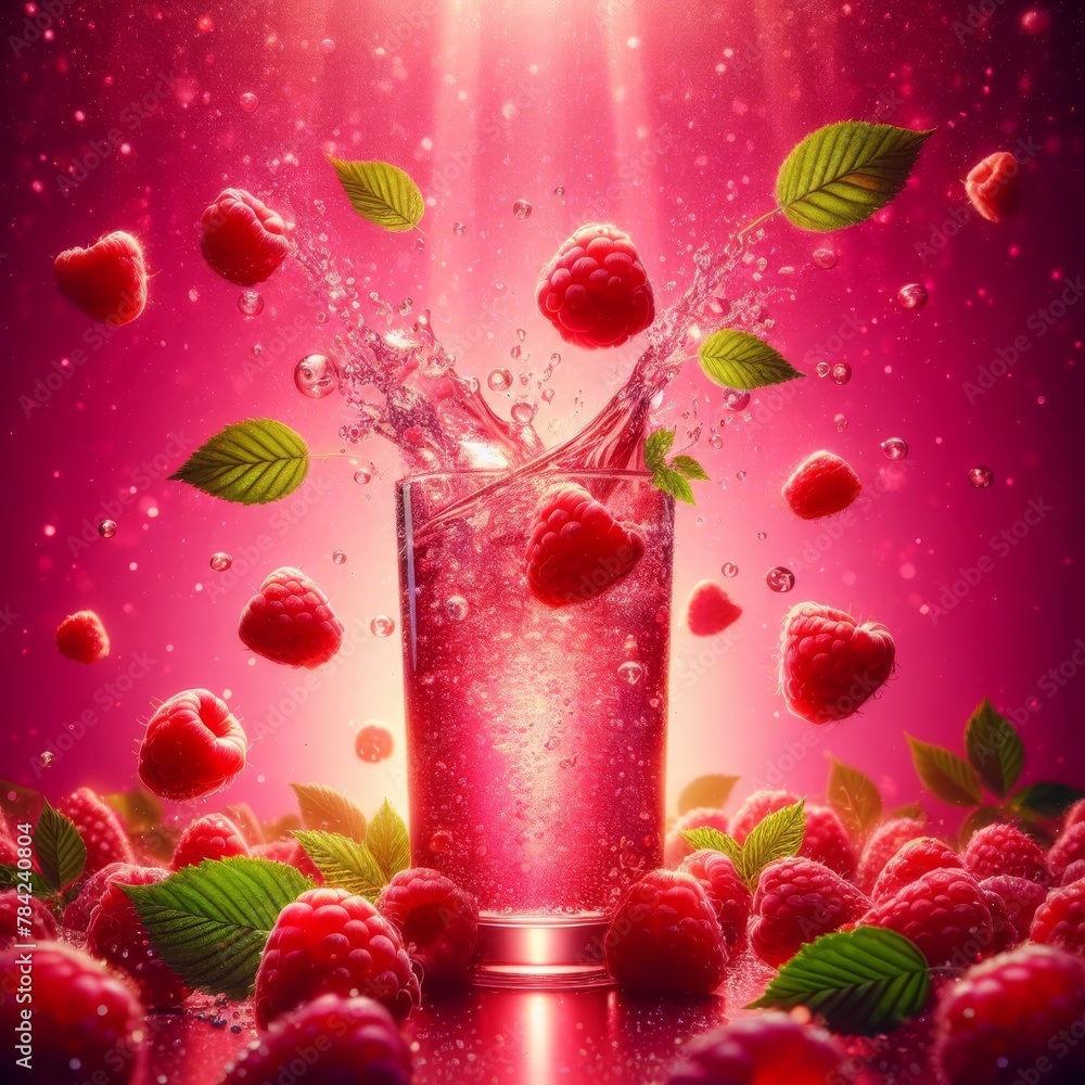 Poster vivid pink soda splash with fresh raspberries and mint leaves, creating a dynamic and refreshing bev