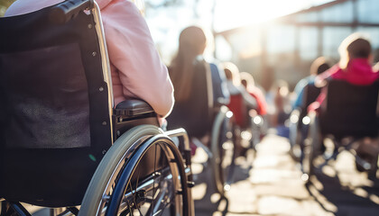 Rear view of a young disabled teenager with no legs sitting in a wheelchair - Powered by Adobe