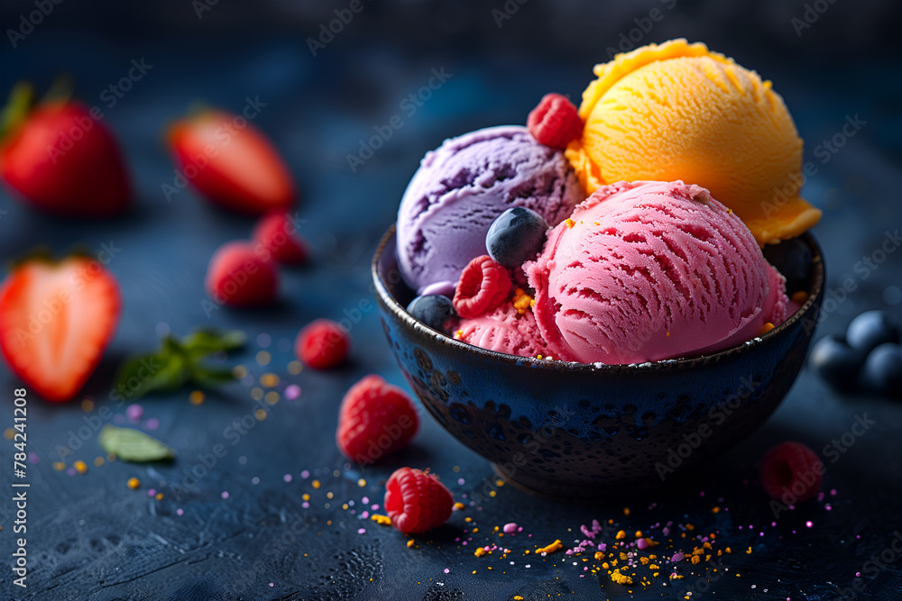 Wall mural creative food concept. scoop balls of colourful gelato sorbet ice cream in black bowl on dark concre