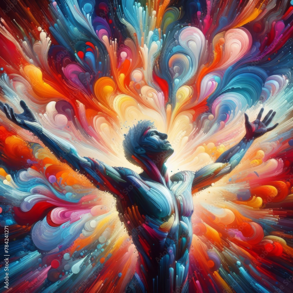 Poster a vividly colorful abstract of a human figure with arms raised, set against an explosion of bright h