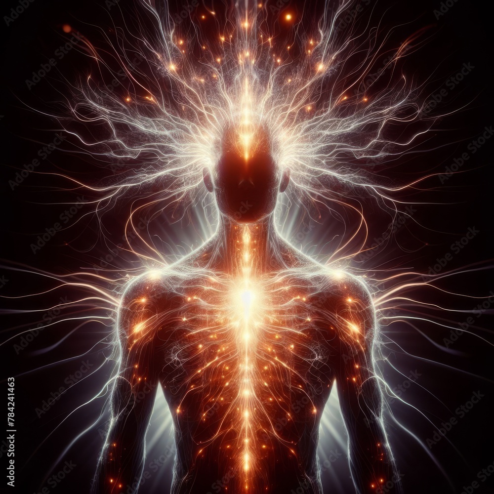 Poster an abstract representation of a human form surrounded by a vibrant electric aura, glowing in the dar