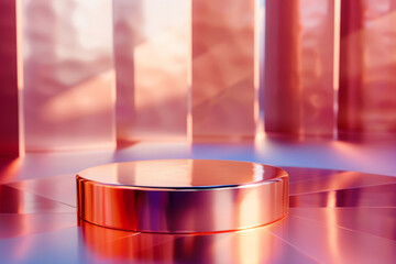 A modern 3D scene with a copper podium, featuring a contemporary design with a metallic finish, and keep the background minimal with a soft, blurred effect to emphasize its modernity.