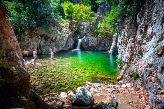 Vathres are small water natural pools with waterfalls along the mountain of Saos on Samothraki island, Greece.