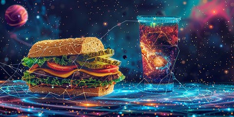 This advanced 3D digital notion depicts an enigmatic image of a sandwich drinks oriented like the night sky or space, with wireframe light links and space, Generative AI.