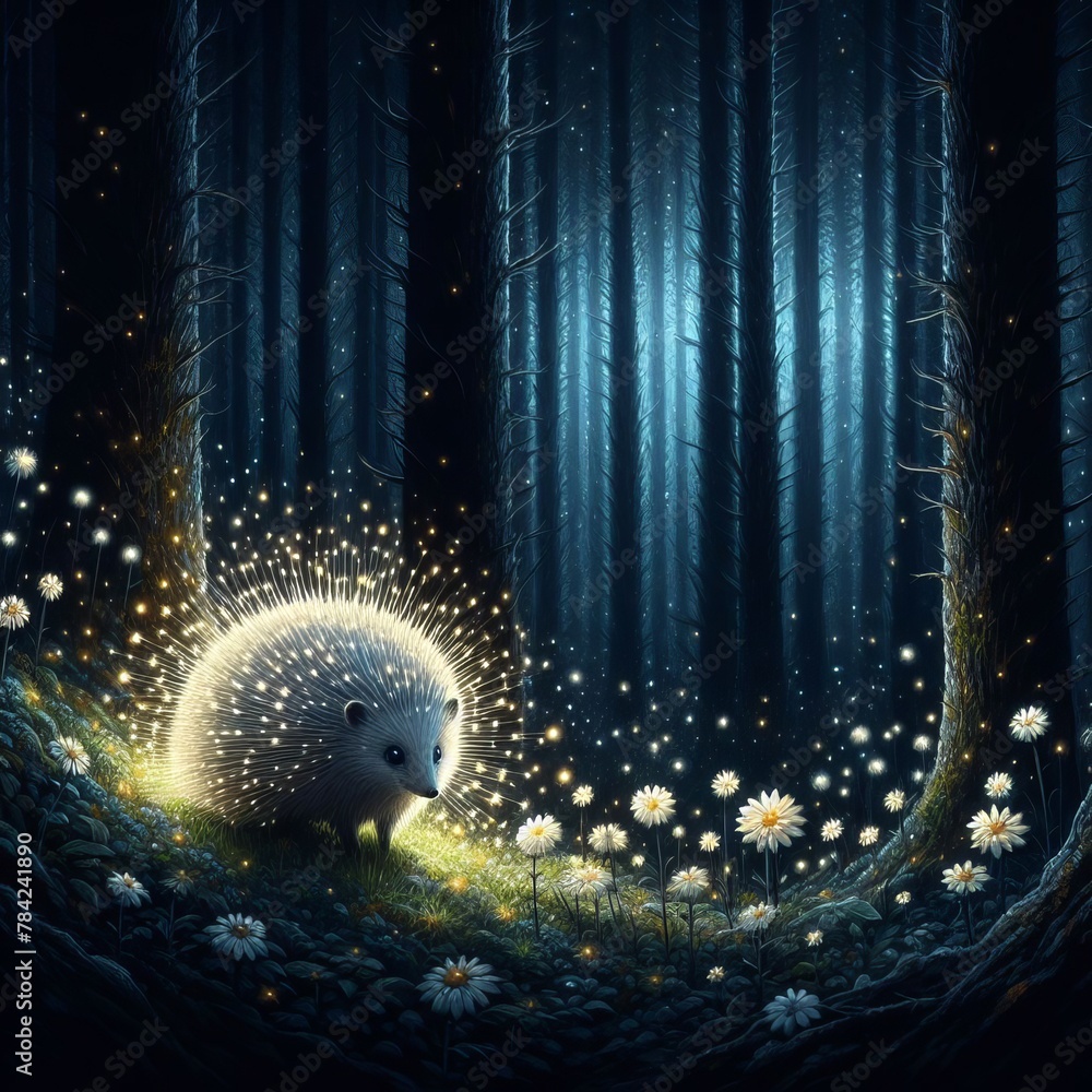 Poster a whimsical hedgehog illuminated with sparkles in an ethereal forest, exuding a magical ambiance.. a