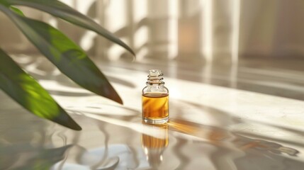 Simple essential oil bottle glistening in natural light.