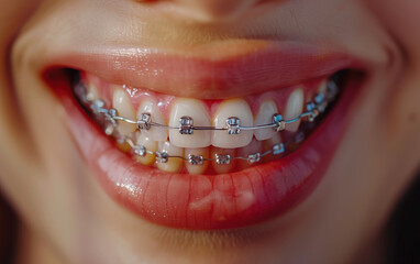Close-up of teeth wearing braces,Shopping bags isolated background