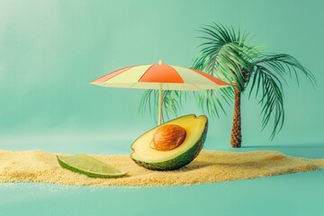 Fototapeta na wymiar A ripe avocado cut in half lies on the sand with a miniature palm tree and a parasol. Shades of green as a background. Minimal concept.