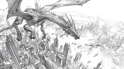 Pen and ink illustration of a majestic dragon soaring over a futuristic city, blending ancient mythology with advanced technology