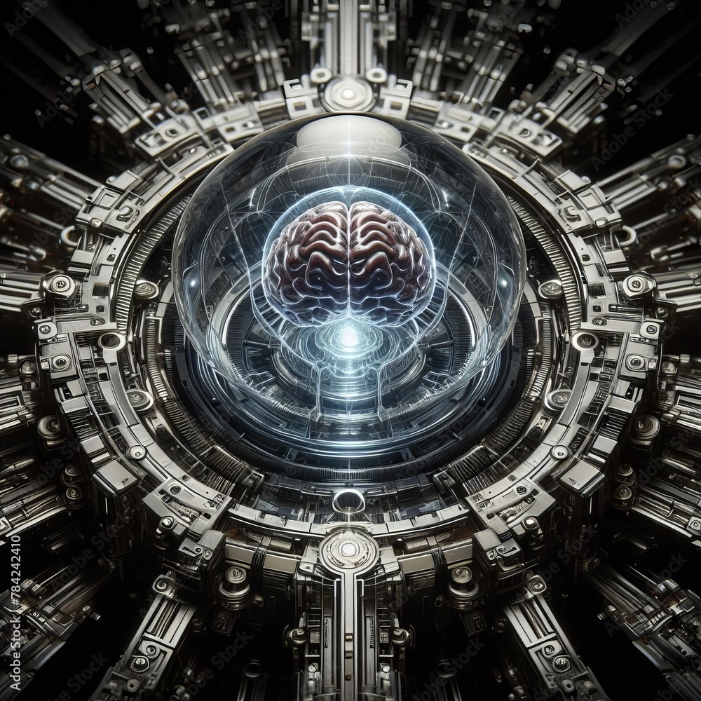 Poster a conceptual digital artwork representing a brain inside a futuristic technological sphere.. ai gene