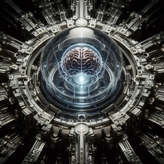 A conceptual digital artwork representing a brain inside a futuristic technological sphere.. AI Generation