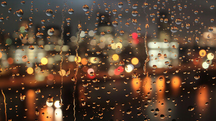 A view of the city through glass on a rainy night
