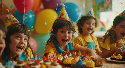 A group of children were having fun at a birthday party, with colorful decorations and balloons in the background