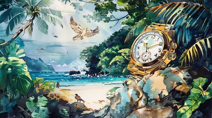 Produce a watercolor painting of a luxurious watch stranded on a deserted island, surrounded by lush greenery and exotic birds - obrazy, fototapety, plakaty