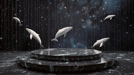 Sleek round marble stage, surreal oceanic whales circling in a starlit studio, gentle light reflections , advertise photo