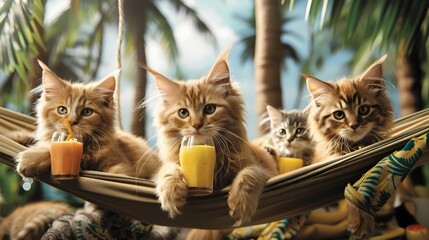 Cats Relaxing in Hammocks with Tropical Fruit Smoothies Amid Palm Trees Embodying Summer Ease and Leisure