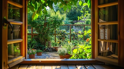 Portrait of summer garden view through a open wooden window with a big space for text or product backdrop, Generative AI.