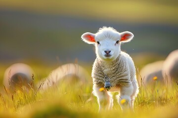 Fluffy white lamb with a bell around its neck in a field