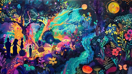 Capture a surreal scene of a diverse group in a dreamlike garden, embodying the concept of cognitive dissonance, using vibrant acrylics on canvas
