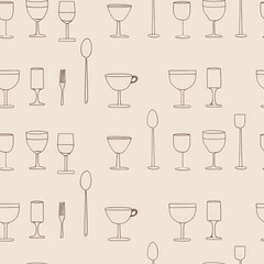 A seamless pattern featuring minimalist line art of coffee cups wine glasses