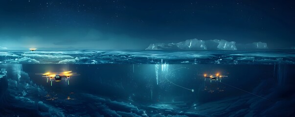 Futuristic Cyberspace Ice Fishing Contest with Smart Drones Locating Virtual Glowing Fish Beneath the Frozen Landscape - obrazy, fototapety, plakaty